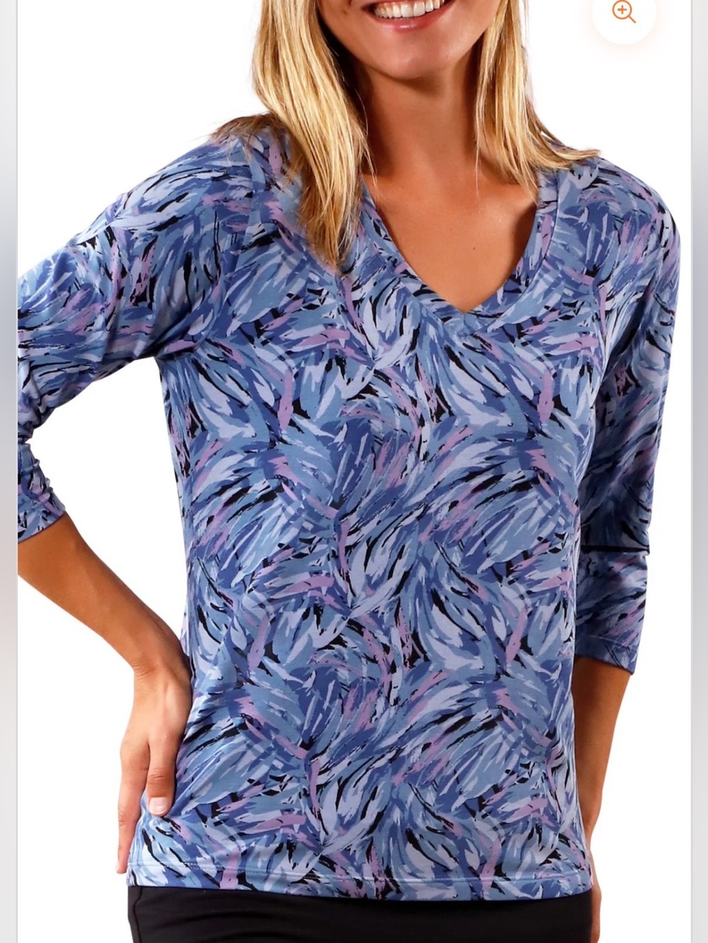 UVSkinz UPF 50+ Women's 3/4 Sleeve V-Neck R&R Tee Color- Brushstrokes
